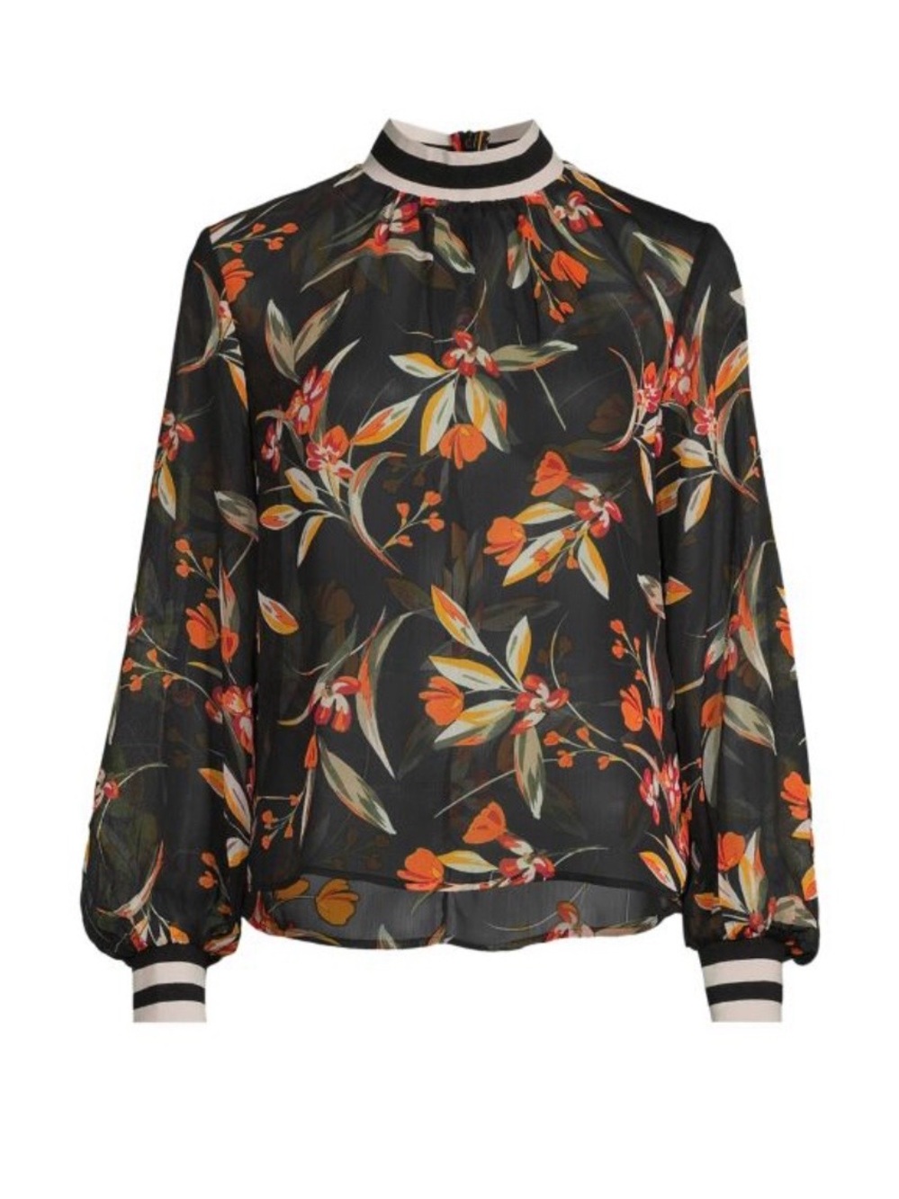 French Connection Black Sheer Floral Mock-Neck Blouse with Orange Print